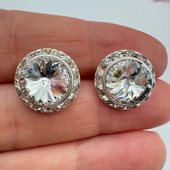 Vintage Rivoli Crystal Headlight Halo Stud Earrings High Wattage Sparkle Bridal - Picture 3 of 9
